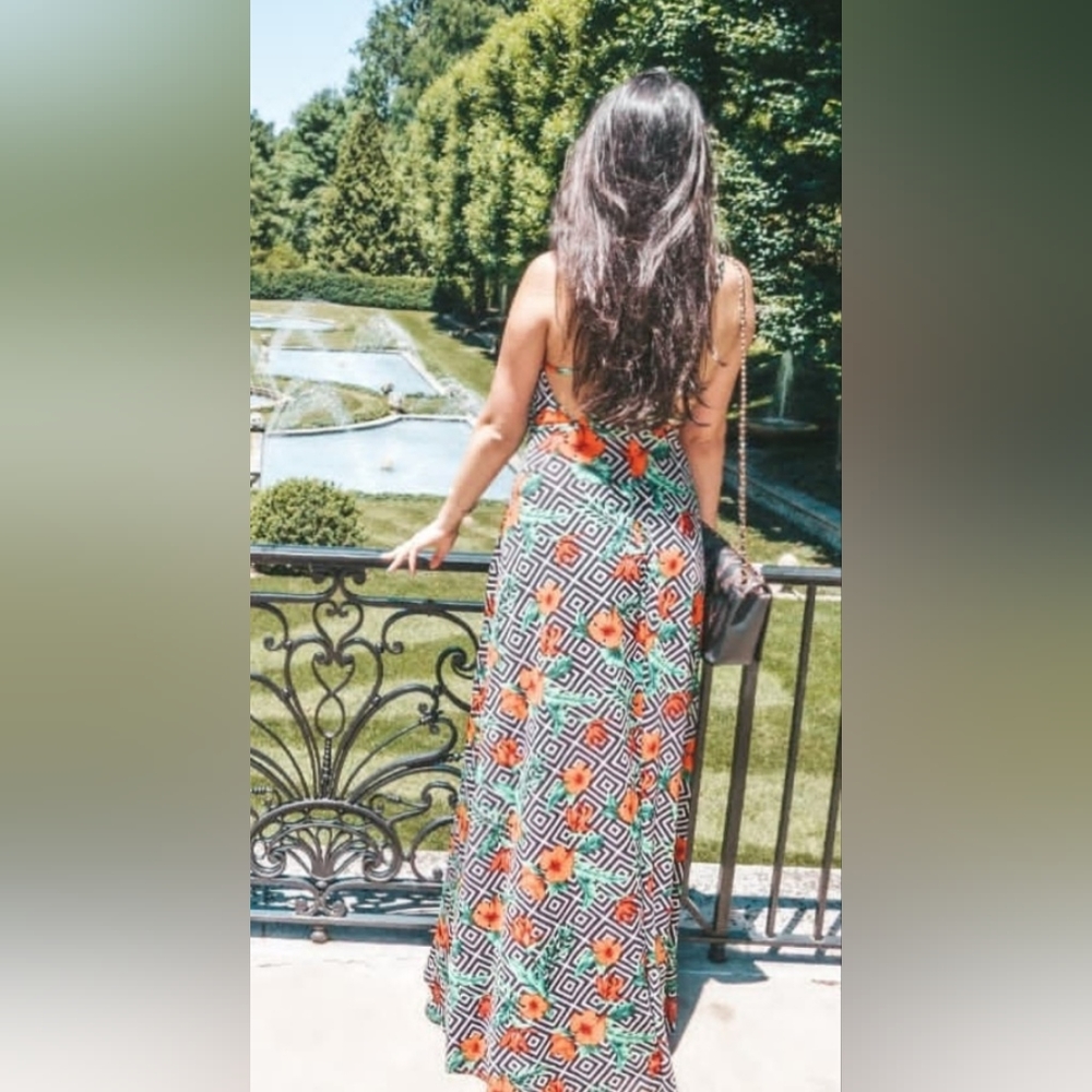 Prettylittlething Red Floral Black & White Maxi Dress